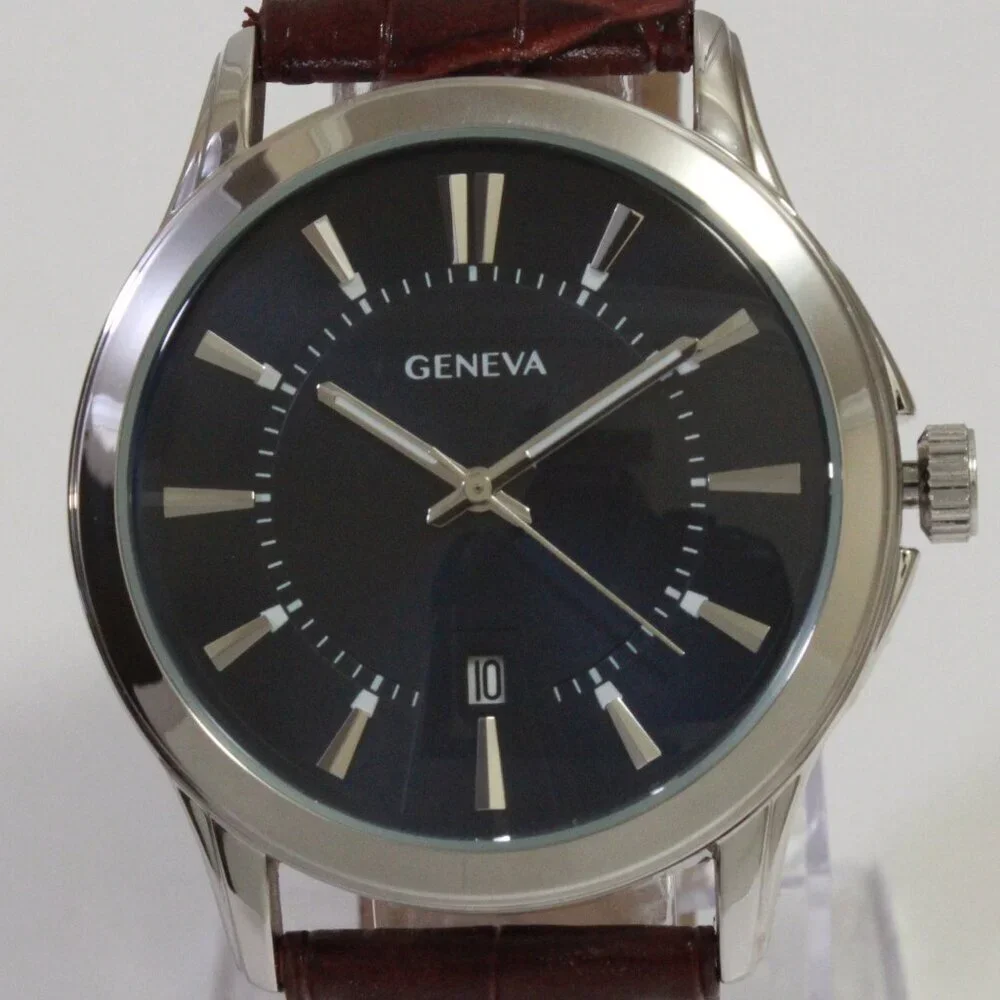 Geneva Men's Dress Watch Silver Tone Navy Blue Dial Brown Strap 42mm